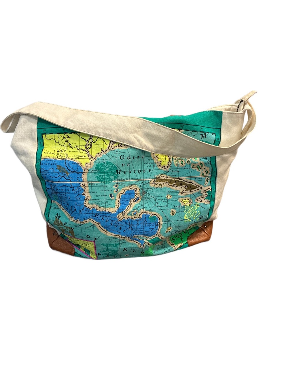 Echo Large Gulf of Mexico Map Canvas Tote with Leather Trim in Off White